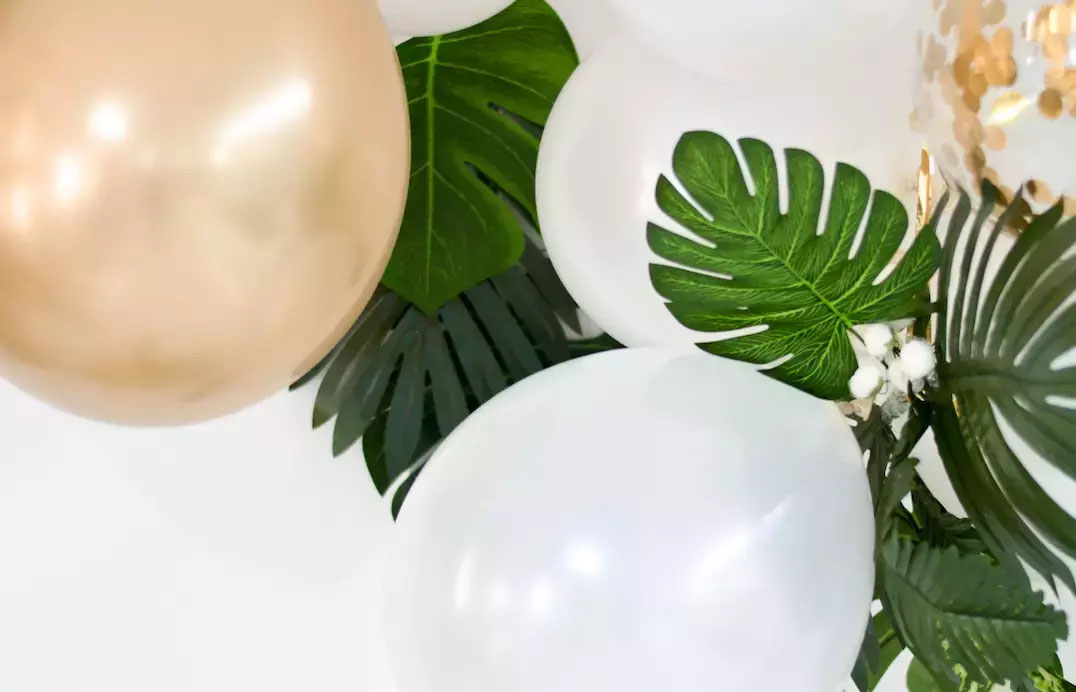 Gröna växter och vita ballonger